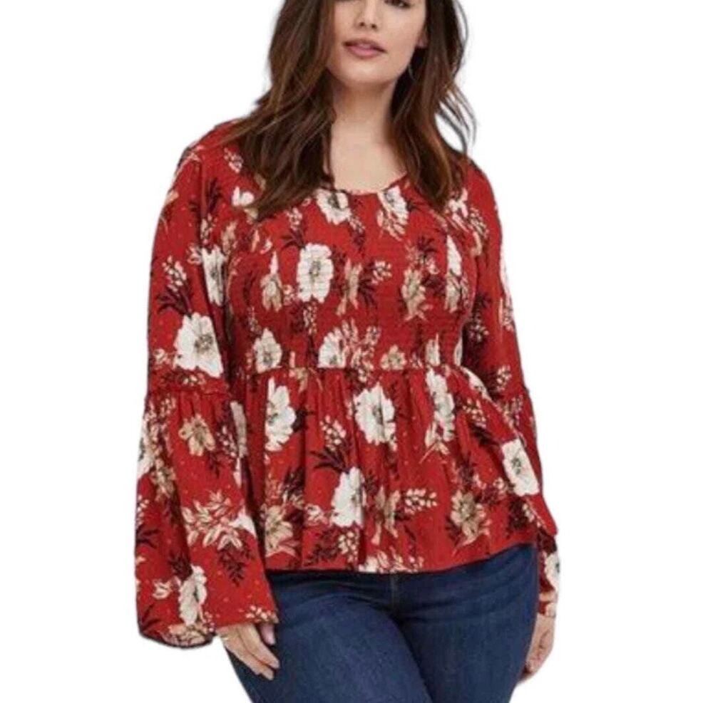 NEW Torrid Blouse Top Smocked Trumpet Sleeve Clip Dot Floral Rust 4X Peplum
